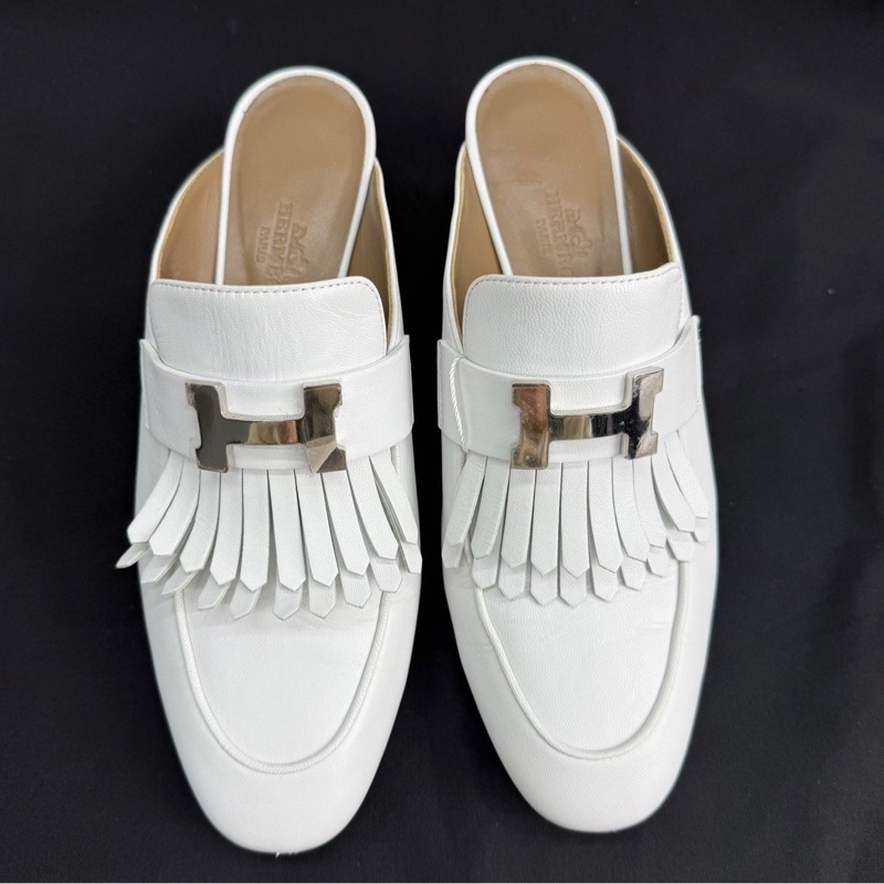 HERMES愛馬仕 Tuileries 小牛皮 時尚穆勒 粗跟 高跟鞋 5.5cm 女款 白色 康康H銀扣  36碼-0