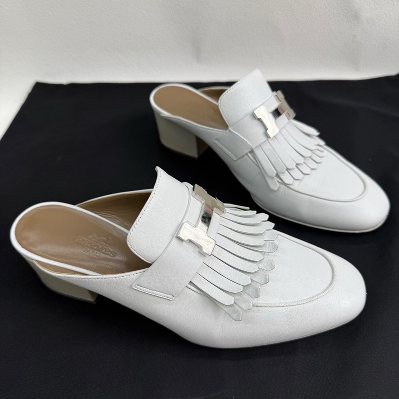 HERMES愛馬仕 Tuileries 小牛皮 時尚穆勒 粗跟 高跟鞋 5.5cm 女款 白色 康康H銀扣  36碼-1