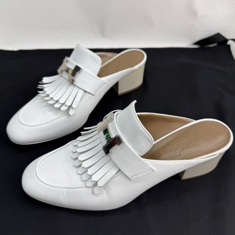 HERMES愛馬仕 Tuileries 小牛皮 時尚穆勒 粗跟 高跟鞋 5.5cm 女款 白色 康康H銀扣  36碼-2