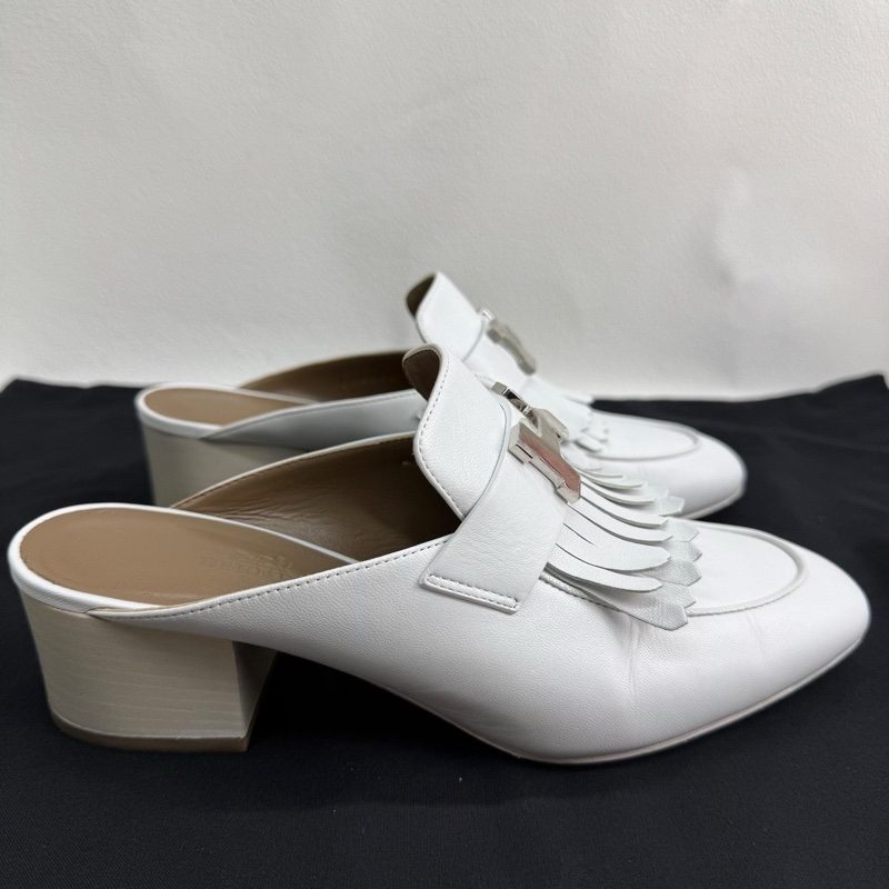HERMES愛馬仕 Tuileries 小牛皮 時尚穆勒 粗跟 高跟鞋 5.5cm 女款 白色 康康H銀扣  36碼-3