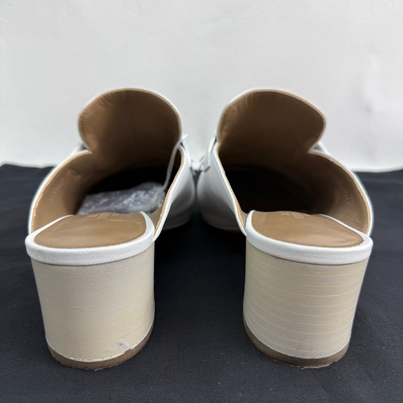 HERMES愛馬仕 Tuileries 小牛皮 時尚穆勒 粗跟 高跟鞋 5.5cm 女款 白色 康康H銀扣  36碼-4