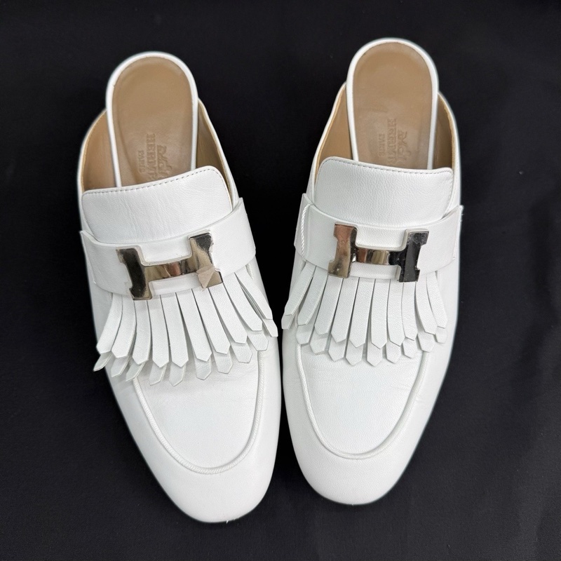 HERMES愛馬仕 Tuileries 小牛皮 時尚穆勒 粗跟 高跟鞋 5.5cm 女款 白色 康康H銀扣  36碼-5