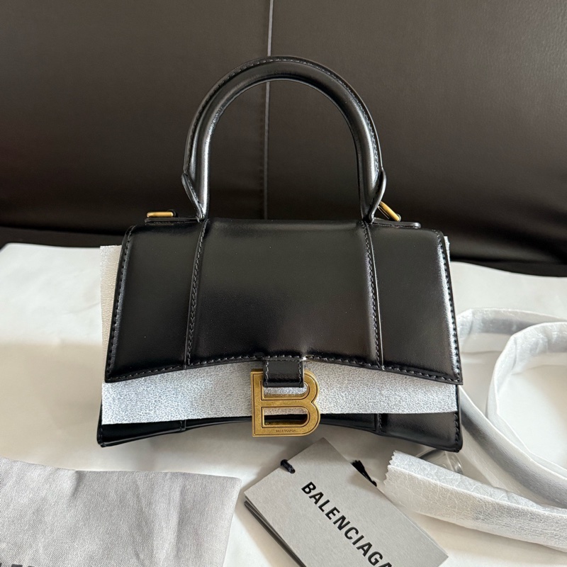 全新巴黎世家/Balenciaga 黑金光面牛皮HOURGLASS 沙漏包xs迷你手提單肩斜挎包-0
