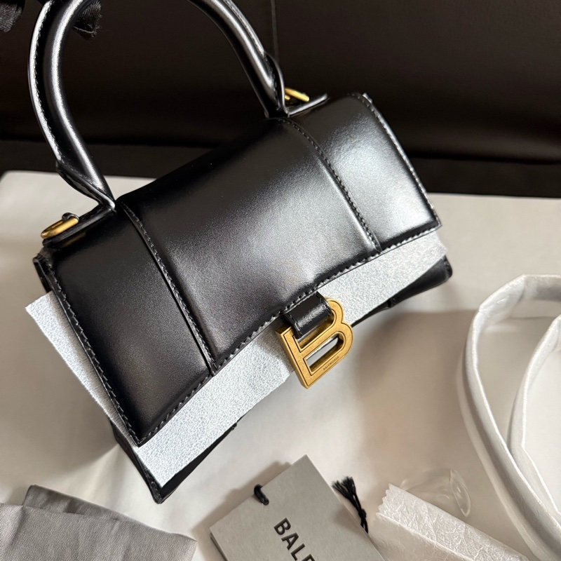 全新巴黎世家/Balenciaga 黑金光面牛皮HOURGLASS 沙漏包xs迷你手提單肩斜挎包-5