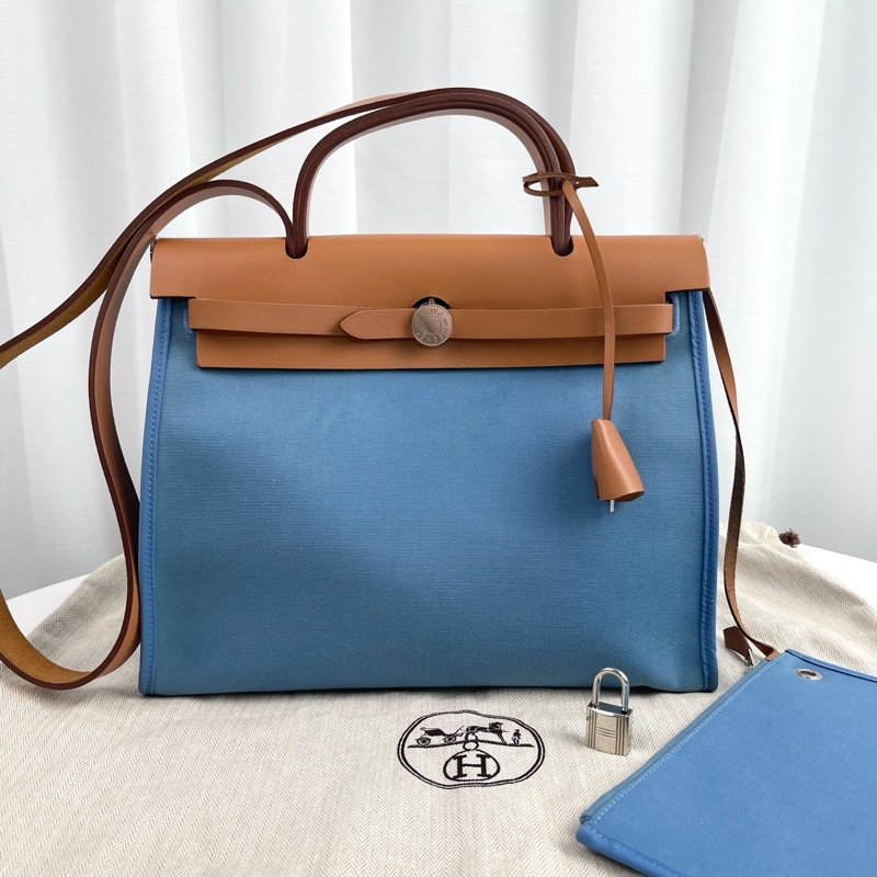 愛馬仕herbag 31  藍色帆布拼棕色皮蓋 銀扣-0