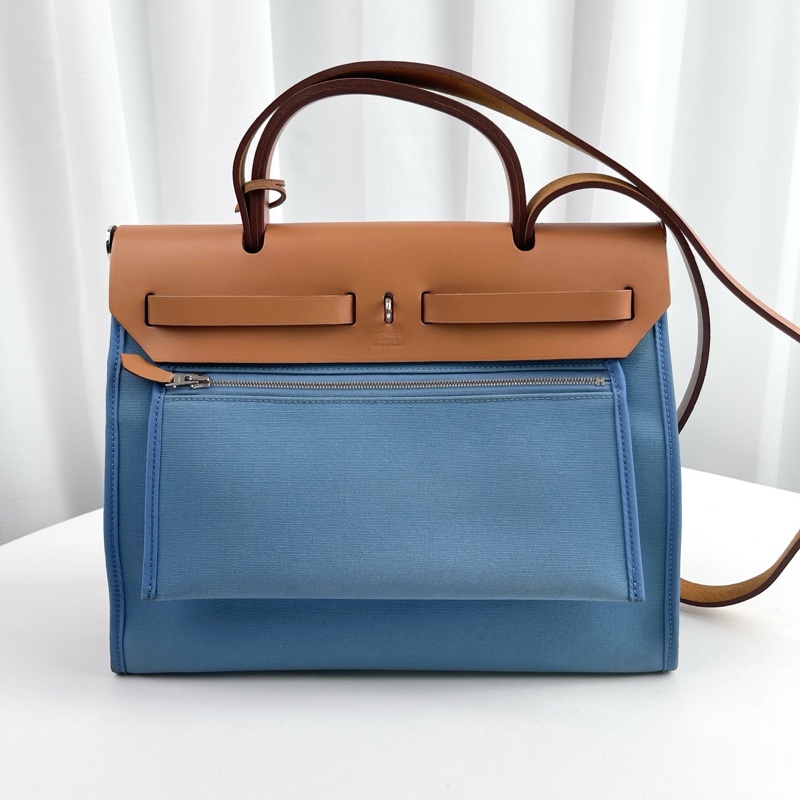 愛馬仕herbag 31  藍色帆布拼棕色皮蓋 銀扣-1
