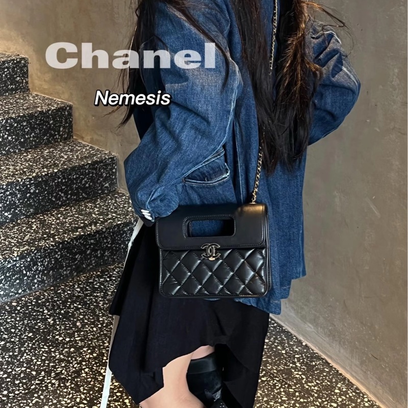 香奈兒Chanel 23s隱藏款黑金牛皮復古造型手套口蓋包公文包2ways晶片款-20