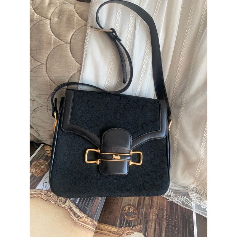 思琳 賽琳 復古黑色 老花 馬車 腋下包 黑色帆布 黑色皮革 馬車包 側背包 托特包 側肩包 罕有 中古 老花包 古董包 中古包celine vintage triomphe bag black-2