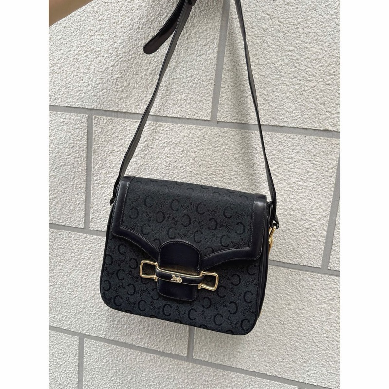 思琳 賽琳 復古黑色 老花 馬車 腋下包 黑色帆布 黑色皮革 馬車包 側背包 托特包 側肩包 罕有 中古 老花包 古董包 中古包celine vintage triomphe bag black-5