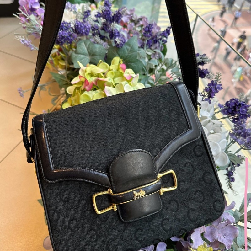 思琳 賽琳 復古黑色 老花 馬車 腋下包 黑色帆布 黑色皮革 馬車包 側背包 托特包 側肩包 罕有 中古 老花包 古董包 中古包celine vintage triomphe bag black-7