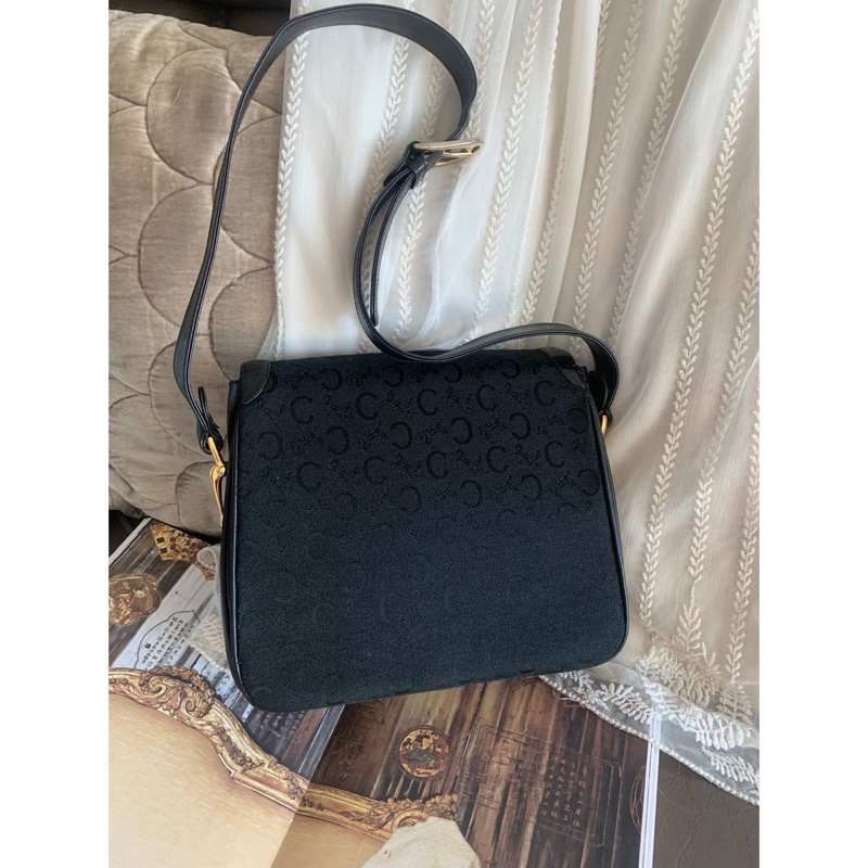 思琳 賽琳 復古黑色 老花 馬車 腋下包 黑色帆布 黑色皮革 馬車包 側背包 托特包 側肩包 罕有 中古 老花包 古董包 中古包celine vintage triomphe bag black-9