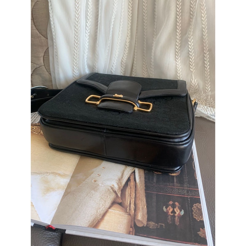思琳 賽琳 復古黑色 老花 馬車 腋下包 黑色帆布 黑色皮革 馬車包 側背包 托特包 側肩包 罕有 中古 老花包 古董包 中古包celine vintage triomphe bag black-11