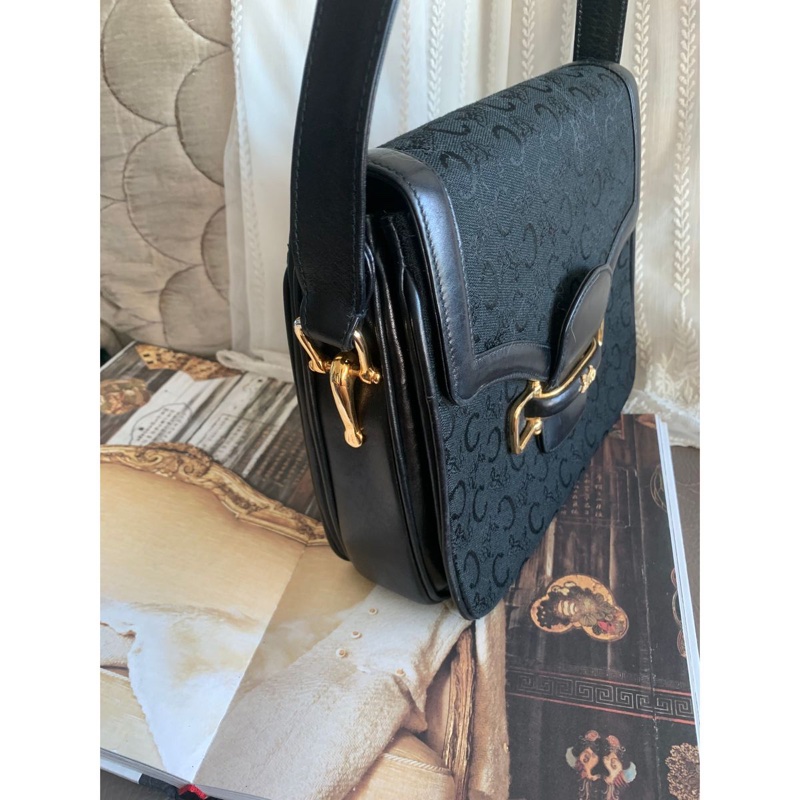 思琳 賽琳 復古黑色 老花 馬車 腋下包 黑色帆布 黑色皮革 馬車包 側背包 托特包 側肩包 罕有 中古 老花包 古董包 中古包celine vintage triomphe bag black-13