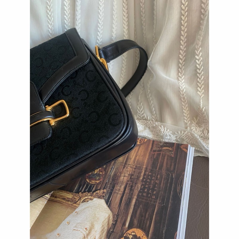 思琳 賽琳 復古黑色 老花 馬車 腋下包 黑色帆布 黑色皮革 馬車包 側背包 托特包 側肩包 罕有 中古 老花包 古董包 中古包celine vintage triomphe bag black-14