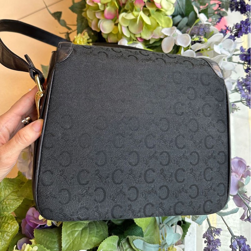 思琳 賽琳 復古黑色 老花 馬車 腋下包 黑色帆布 黑色皮革 馬車包 側背包 托特包 側肩包 罕有 中古 老花包 古董包 中古包celine vintage triomphe bag black-24