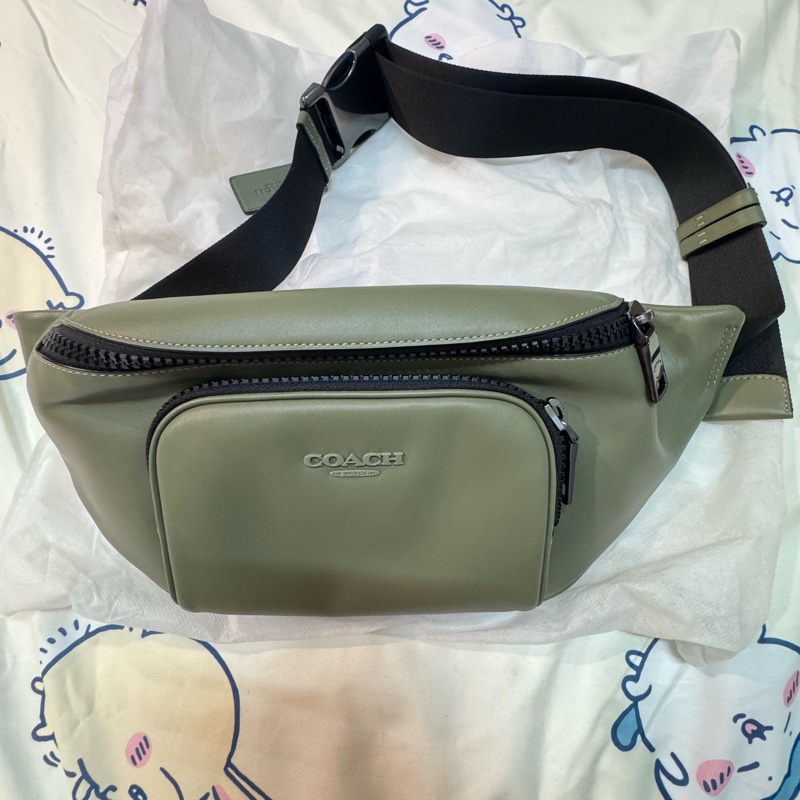COACH 男款RACER小牛皮滑面皮革雙拉鍊置物腰包-軍綠-5