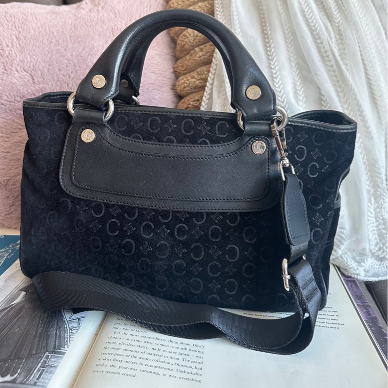 思琳 賽琳 復古黑色 老花 馬車 猄皮 腋下包 側背包 托特包 黑色皮革 側肩包 罕有 中古 老花包 古董包 中古包celine vintage triomphe bag black-0