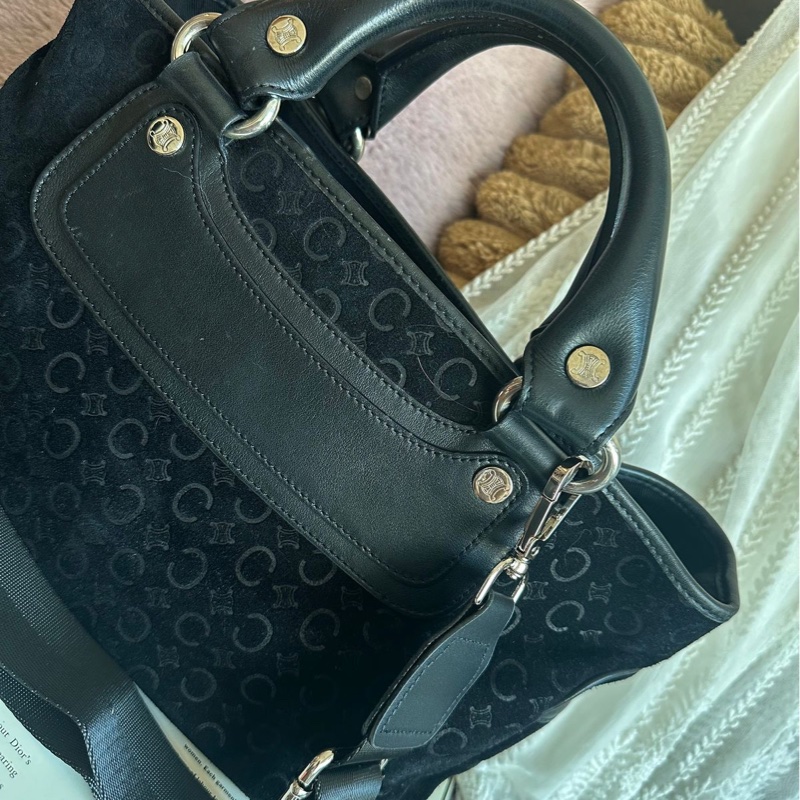 思琳 賽琳 復古黑色 老花 馬車 猄皮 腋下包 側背包 托特包 黑色皮革 側肩包 罕有 中古 老花包 古董包 中古包celine vintage triomphe bag black-3