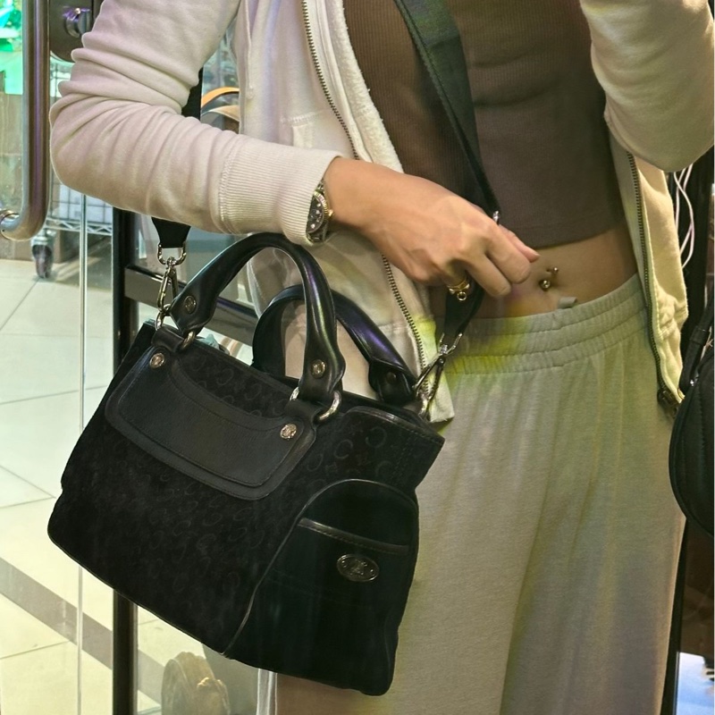 思琳 賽琳 復古黑色 老花 馬車 猄皮 腋下包 側背包 托特包 黑色皮革 側肩包 罕有 中古 老花包 古董包 中古包celine vintage triomphe bag black-6