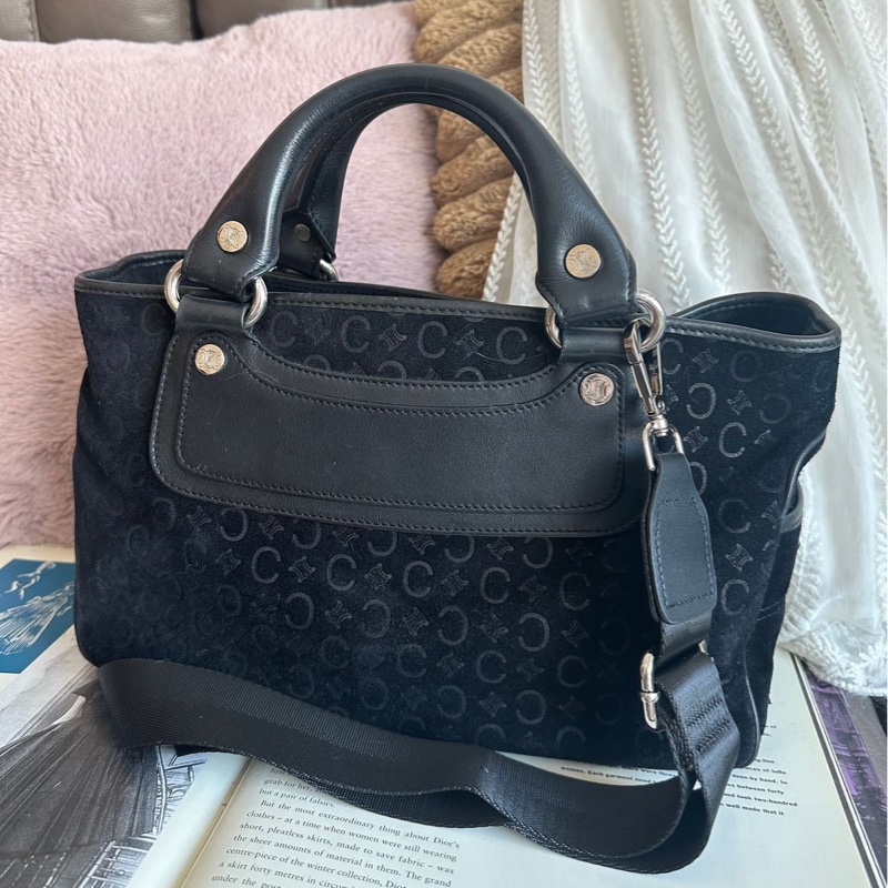 思琳 賽琳 復古黑色 老花 馬車 猄皮 腋下包 側背包 托特包 黑色皮革 側肩包 罕有 中古 老花包 古董包 中古包celine vintage triomphe bag black-7