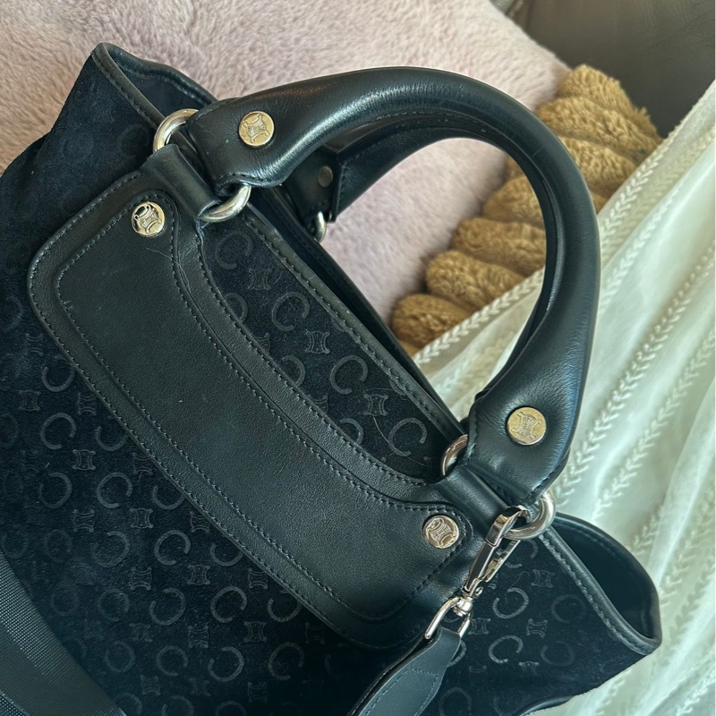 思琳 賽琳 復古黑色 老花 馬車 猄皮 腋下包 側背包 托特包 黑色皮革 側肩包 罕有 中古 老花包 古董包 中古包celine vintage triomphe bag black-8