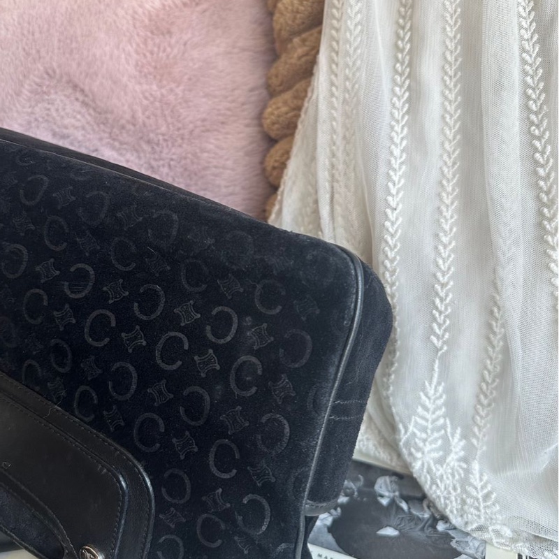 思琳 賽琳 復古黑色 老花 馬車 猄皮 腋下包 側背包 托特包 黑色皮革 側肩包 罕有 中古 老花包 古董包 中古包celine vintage triomphe bag black-14