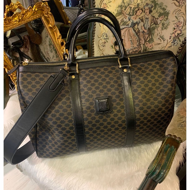 思琳 賽琳 復古黑色 老花 馬車 猄皮 黑花波士頓 波士頓包 旅行包  側背包 托特包 手提包 罕有 中古 老花包 古董包 中古包celine vintage triomphe bag black  boston bag-2