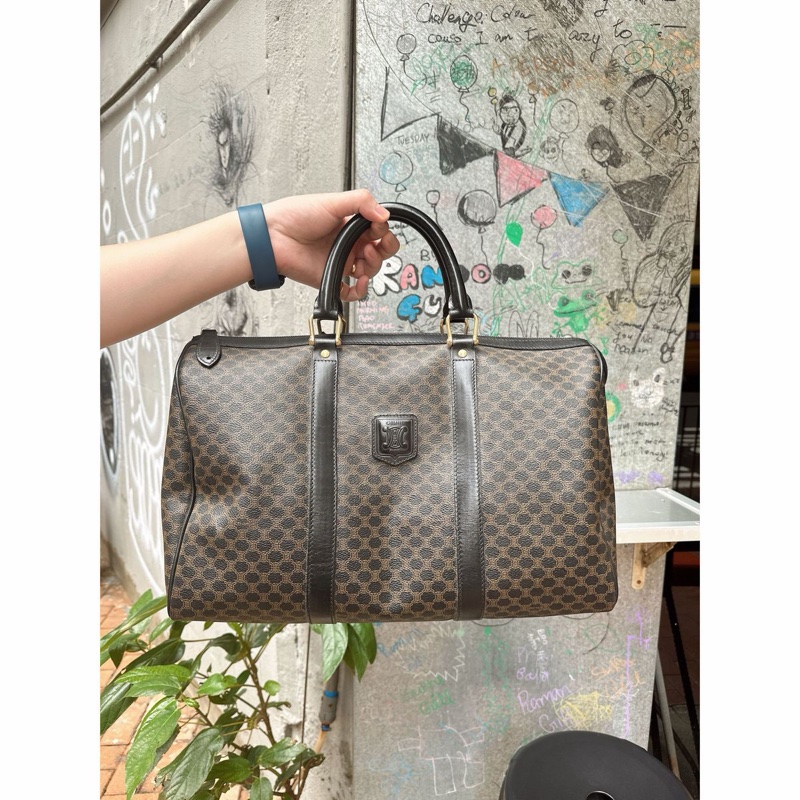 思琳 賽琳 復古黑色 老花 馬車 猄皮 黑花波士頓 波士頓包 旅行包  側背包 托特包 手提包 罕有 中古 老花包 古董包 中古包celine vintage triomphe bag black  boston bag-5