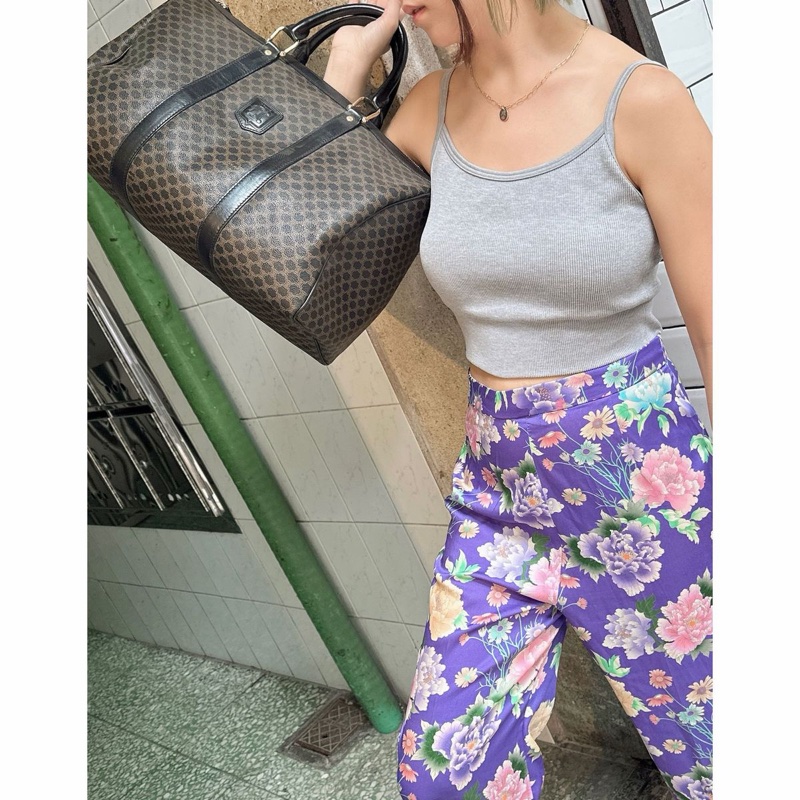 思琳 賽琳 復古黑色 老花 馬車 猄皮 黑花波士頓 波士頓包 旅行包  側背包 托特包 手提包 罕有 中古 老花包 古董包 中古包celine vintage triomphe bag black  boston bag-7