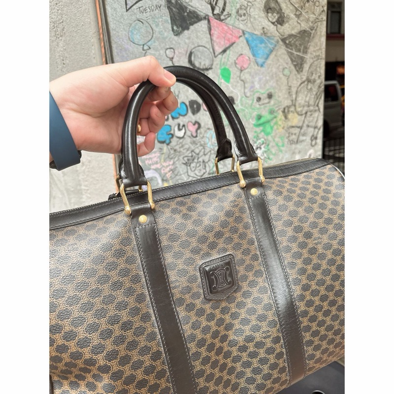 思琳 賽琳 復古黑色 老花 馬車 猄皮 黑花波士頓 波士頓包 旅行包  側背包 托特包 手提包 罕有 中古 老花包 古董包 中古包celine vintage triomphe bag black  boston bag-8
