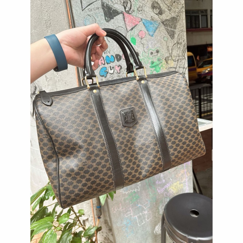 思琳 賽琳 復古黑色 老花 馬車 猄皮 黑花波士頓 波士頓包 旅行包  側背包 托特包 手提包 罕有 中古 老花包 古董包 中古包celine vintage triomphe bag black  boston bag-9