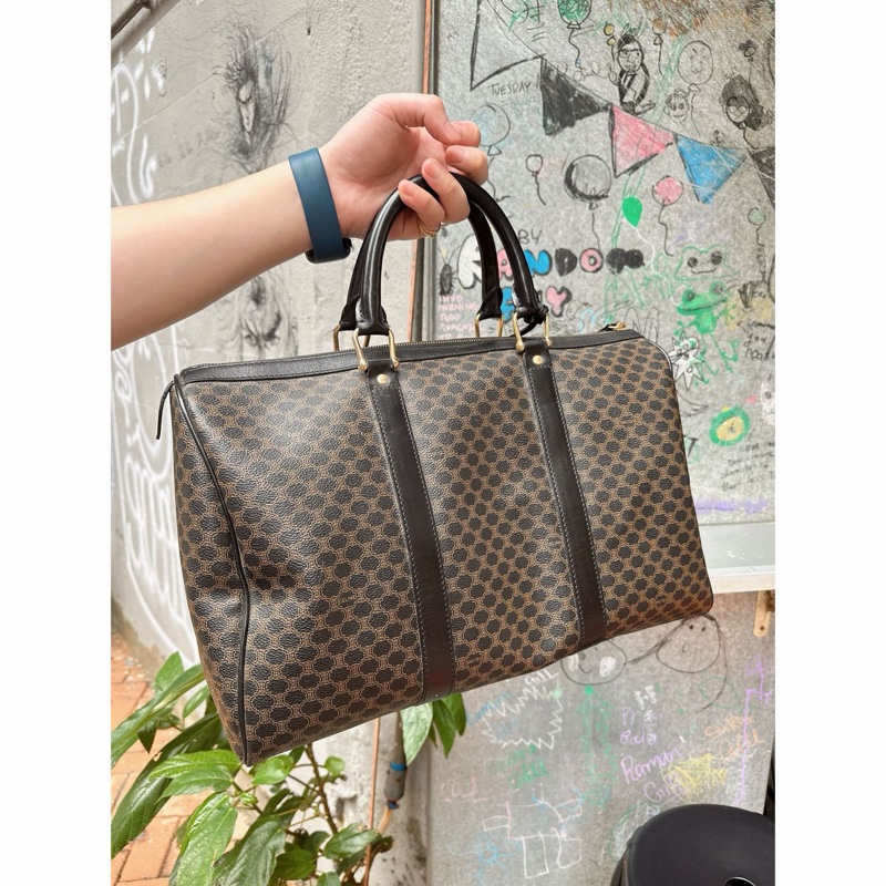 思琳 賽琳 復古黑色 老花 馬車 猄皮 黑花波士頓 波士頓包 旅行包  側背包 托特包 手提包 罕有 中古 老花包 古董包 中古包celine vintage triomphe bag black  boston bag-10