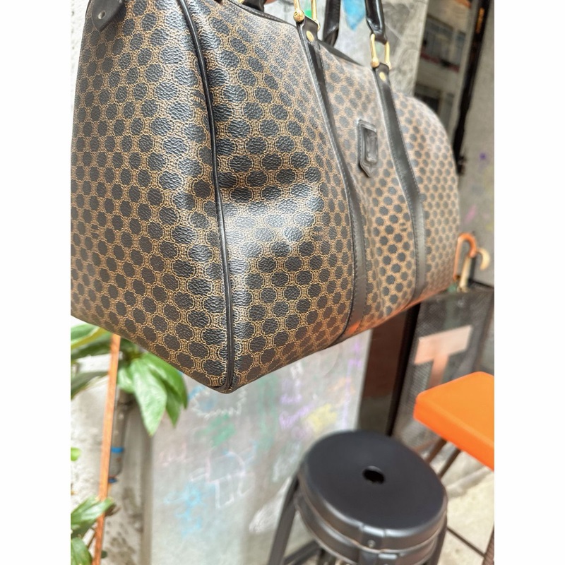 思琳 賽琳 復古黑色 老花 馬車 猄皮 黑花波士頓 波士頓包 旅行包  側背包 托特包 手提包 罕有 中古 老花包 古董包 中古包celine vintage triomphe bag black  boston bag-13