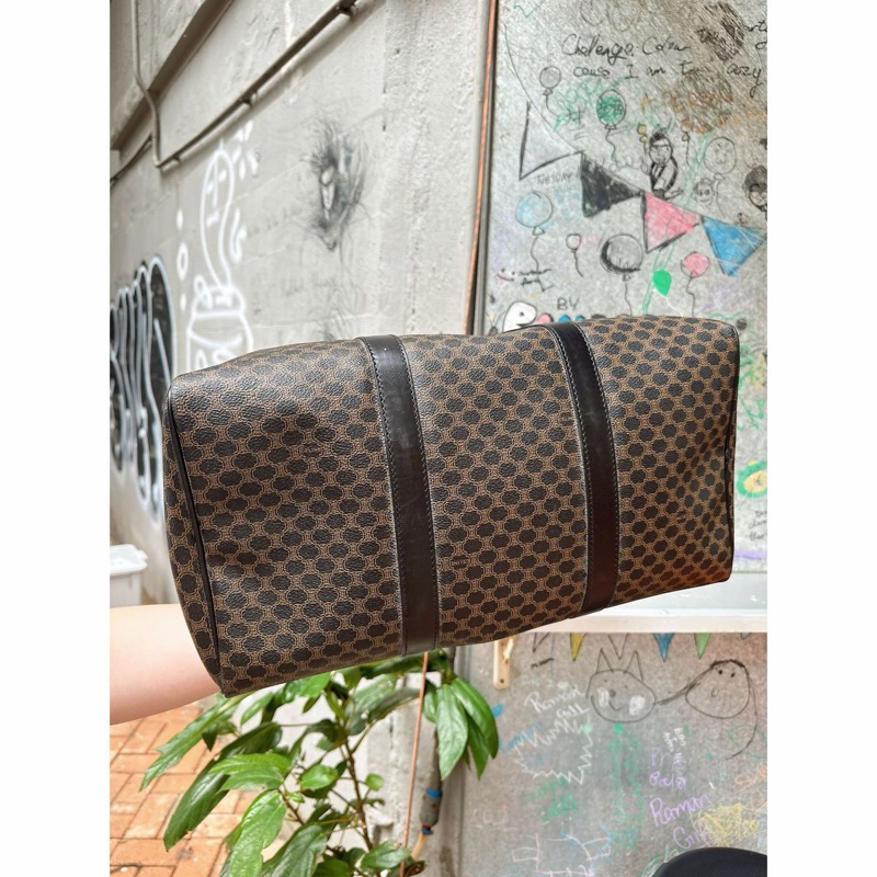 思琳 賽琳 復古黑色 老花 馬車 猄皮 黑花波士頓 波士頓包 旅行包  側背包 托特包 手提包 罕有 中古 老花包 古董包 中古包celine vintage triomphe bag black  boston bag-16