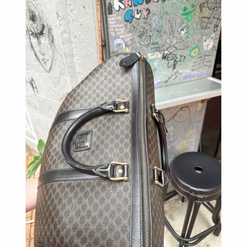 思琳 賽琳 復古黑色 老花 馬車 猄皮 黑花波士頓 波士頓包 旅行包  側背包 托特包 手提包 罕有 中古 老花包 古董包 中古包celine vintage triomphe bag black  boston bag-17