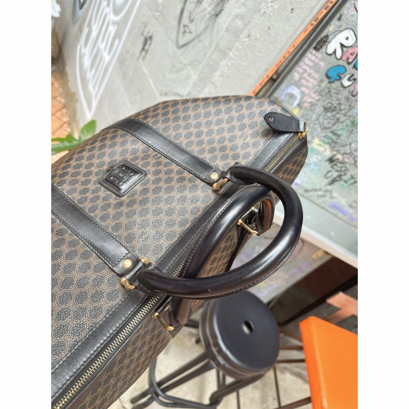 思琳 賽琳 復古黑色 老花 馬車 猄皮 黑花波士頓 波士頓包 旅行包  側背包 托特包 手提包 罕有 中古 老花包 古董包 中古包celine vintage triomphe bag black  boston bag-18