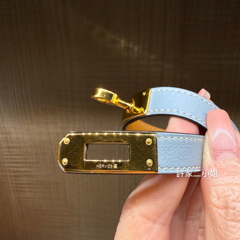 Hermes 97新 Kelly Double Tour金扣手環/似霧霾藍-2