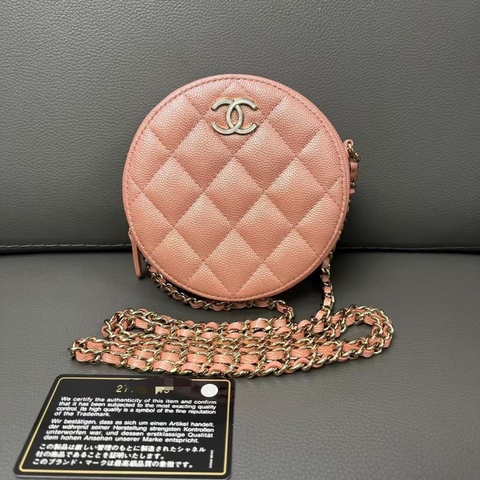 Chanel 羊皮人魚姬 珠光粉鏈條小圓餅12*12*5cm  98新配件保卡塵袋