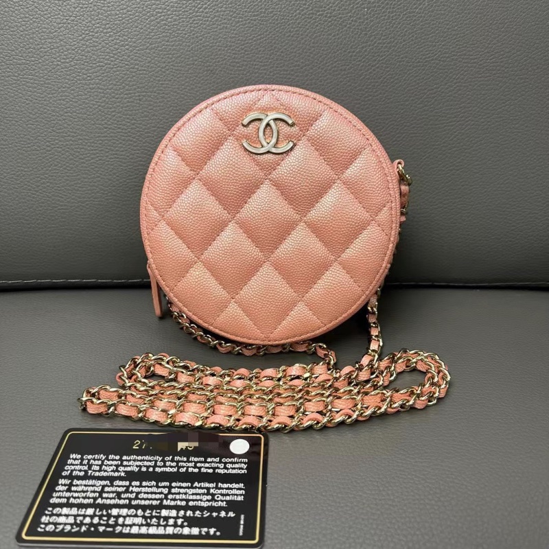 Chanel 羊皮人魚姬 珠光粉鏈條小圓餅12*12*5cm 98新配件保卡塵袋-0