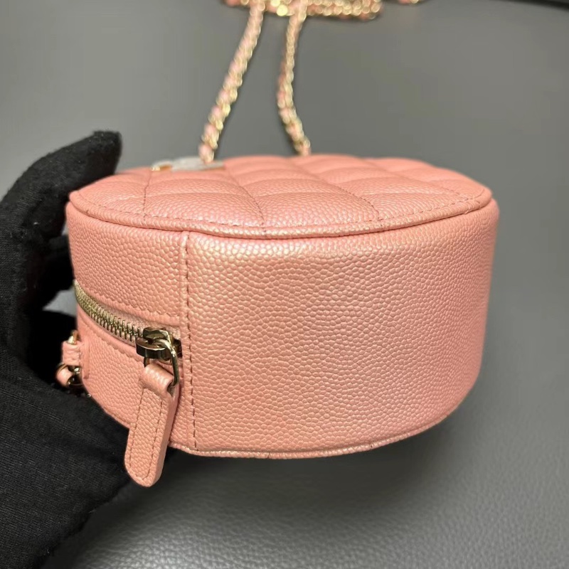 Chanel 羊皮人魚姬 珠光粉鏈條小圓餅12*12*5cm  98新配件保卡塵袋-4