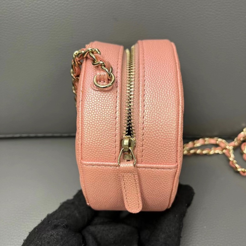 Chanel 羊皮人魚姬 珠光粉鏈條小圓餅12*12*5cm  98新配件保卡塵袋-5