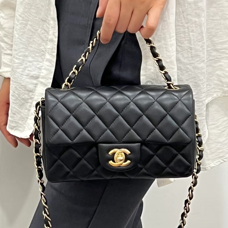 999新全配🈶購證😍Chanel香奈兒黑淡金扣cf20大mini單肩斜挎包-0
