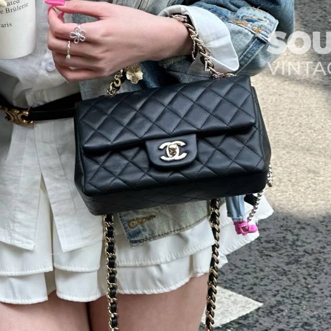 999新全配🈶購證😍Chanel香奈兒黑淡金扣cf20大mini單肩斜挎包-1