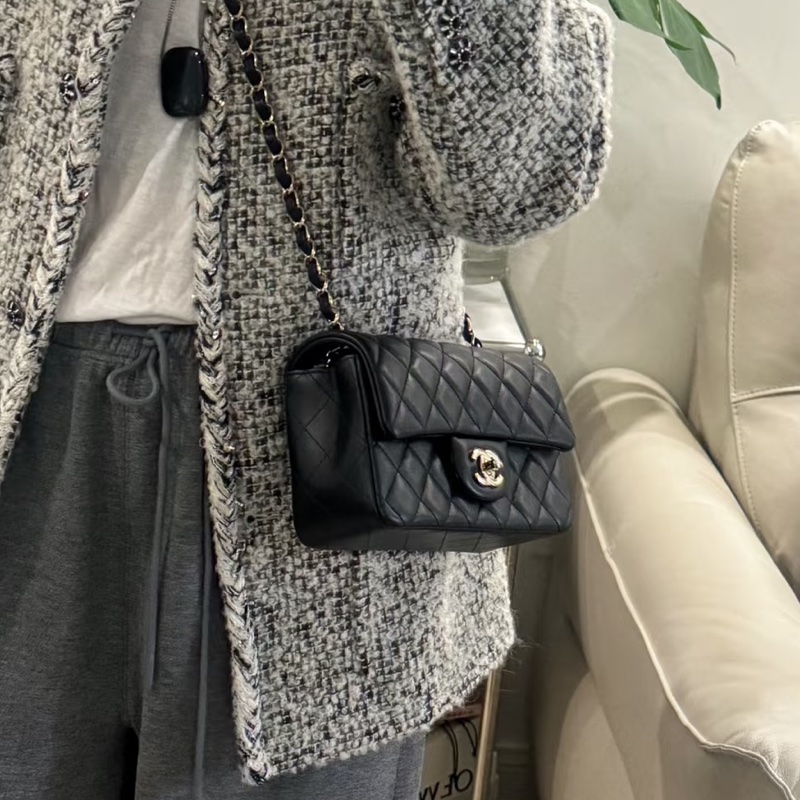 999新全配🈶購證😍Chanel香奈兒黑淡金扣cf20大mini單肩斜挎包-2