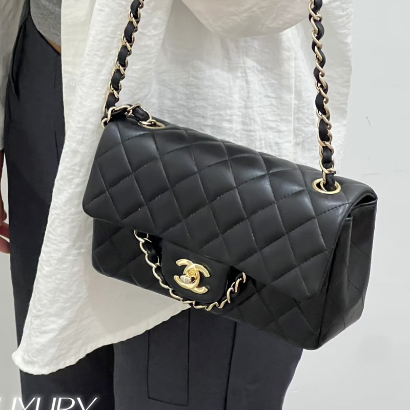 999新全配🈶購證😍Chanel香奈兒黑淡金扣cf20大mini單肩斜挎包-4