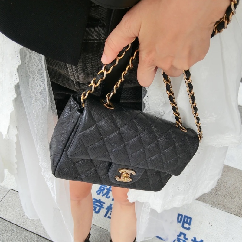 999新全配🈶購證😍Chanel香奈兒黑淡金扣cf20大mini單肩斜挎包-5