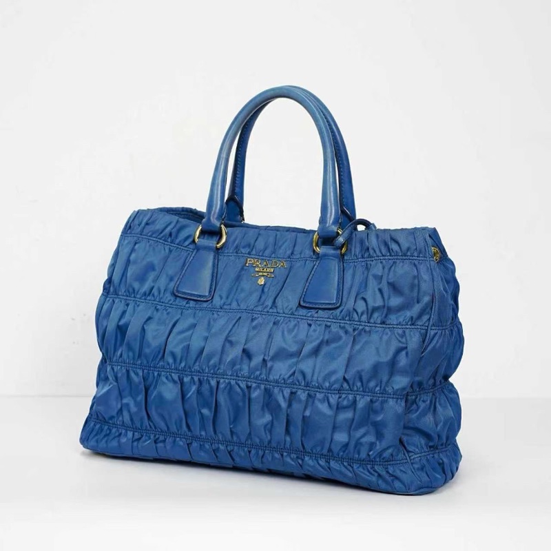 PRADA 帆布肩背斜背手提包 藍色36*24*15  98新配件皮牌 肩帶 塵袋-5