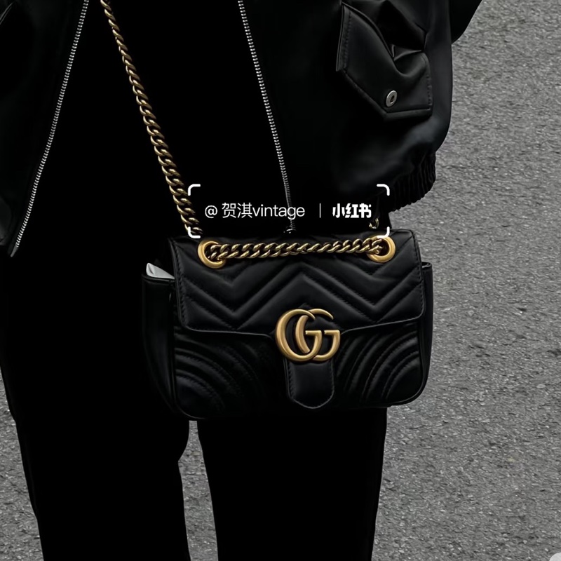 新款來啦😍99新💯Gucci古馳新款黑金Marmont馬蒙22單肩斜塊鏈條包-2