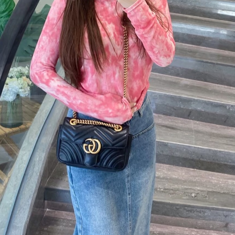 新款來啦😍99新💯Gucci古馳新款黑金Marmont馬蒙22單肩斜塊鏈條包-4