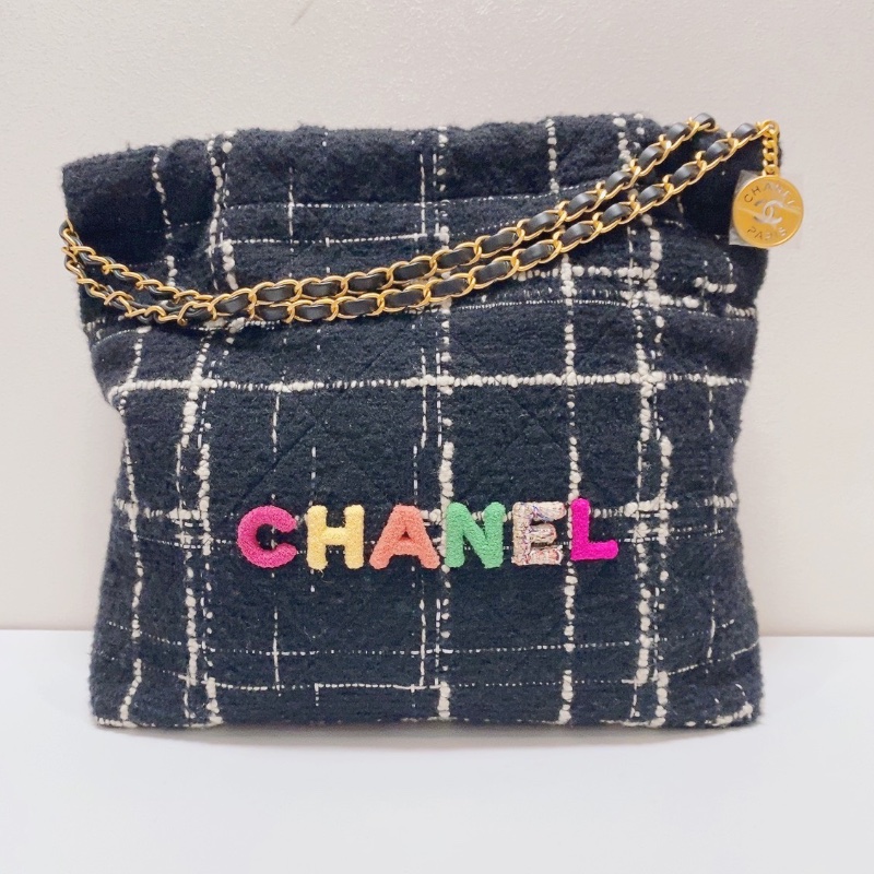 Chanel 黑金羊毛斜紋軟呢中號22bag 垃圾袋鏈條包 芯片款36x8x35cm 99新配件子袋 塵袋-7